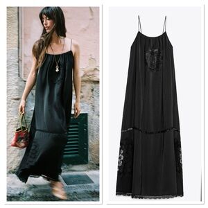 NWT Zara Embroidered Voluminous Midi Dress Sz:L Black